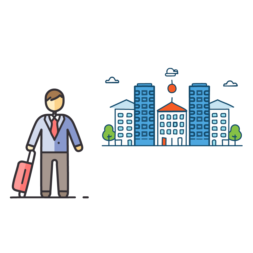 An illustration of a business person walking through the city with a suitcase. Represents a business trip or outing.