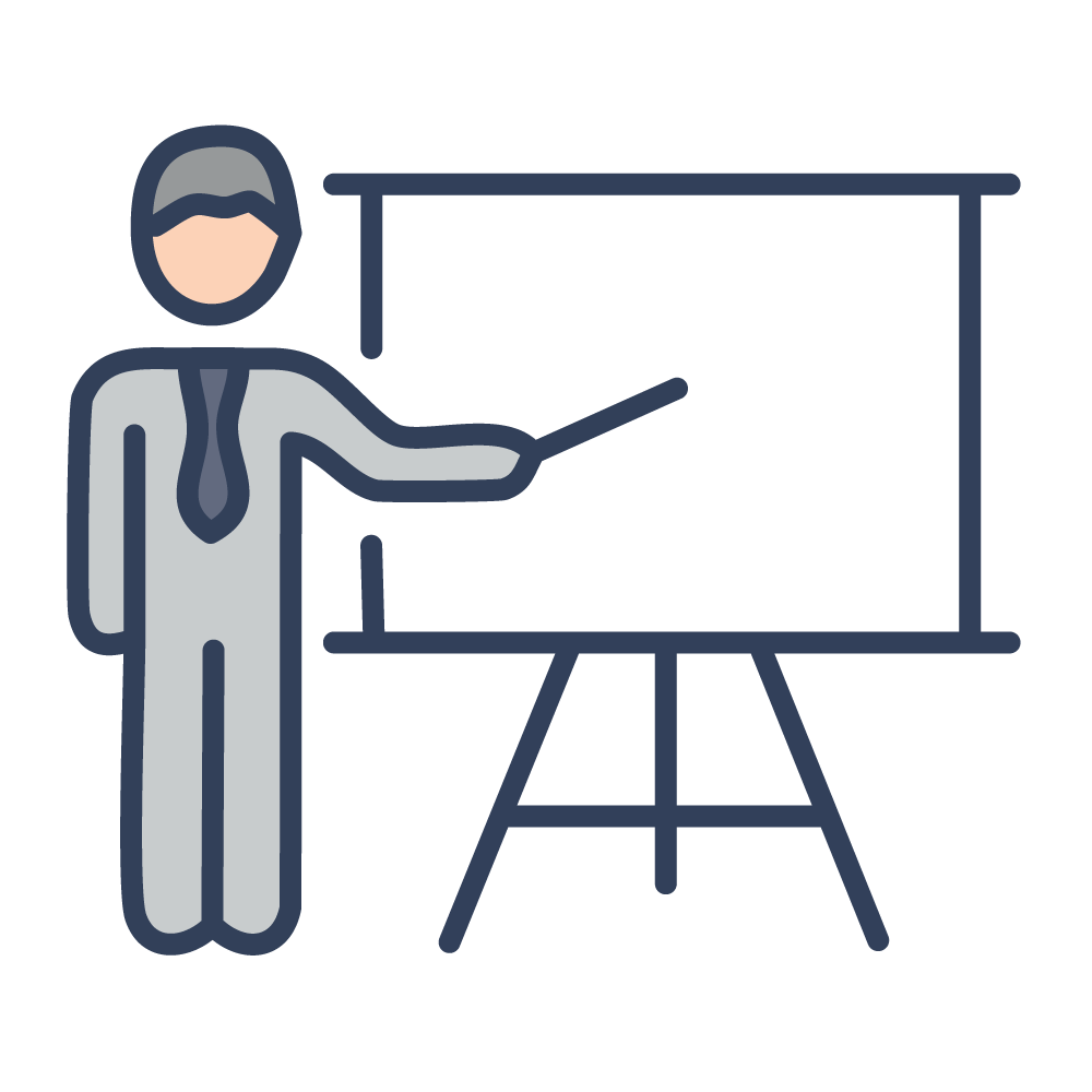 An illustration of a business person giving a presentation in front of a whiteboard. A meeting or training scene.