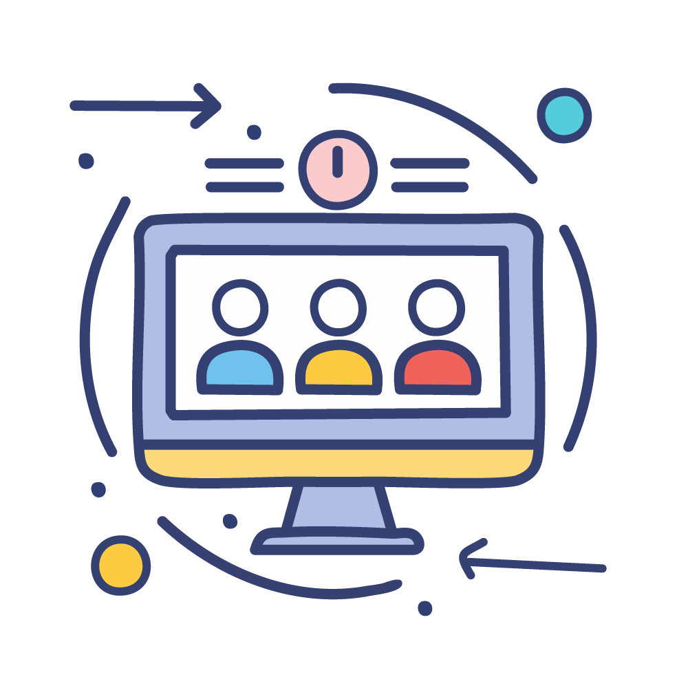 An illustration of a person on a monitor and information flowing around them. It represents online medical care and remote medical care.