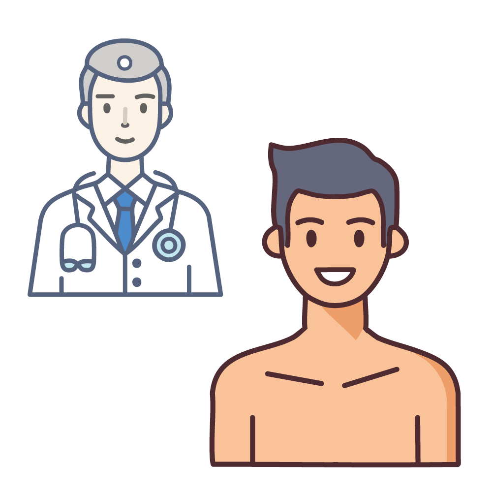 An illustration of a doctor and a healthy-looking person. Represents a health checkup or medical examination.