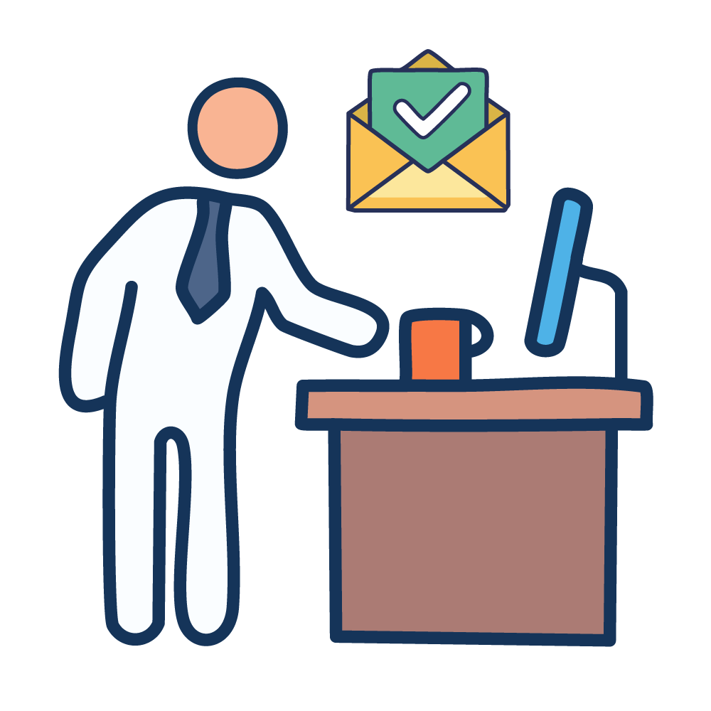 An illustration of a business person sitting at a desk at a computer with an email icon next to it. Represents checking emails and office work.