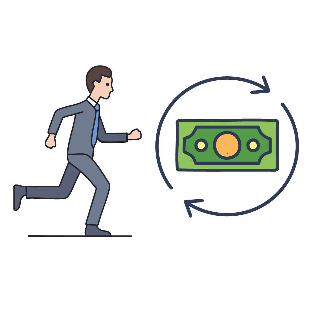 An illustration of money circulating among business people running. It represents cash flow and fund transfer.