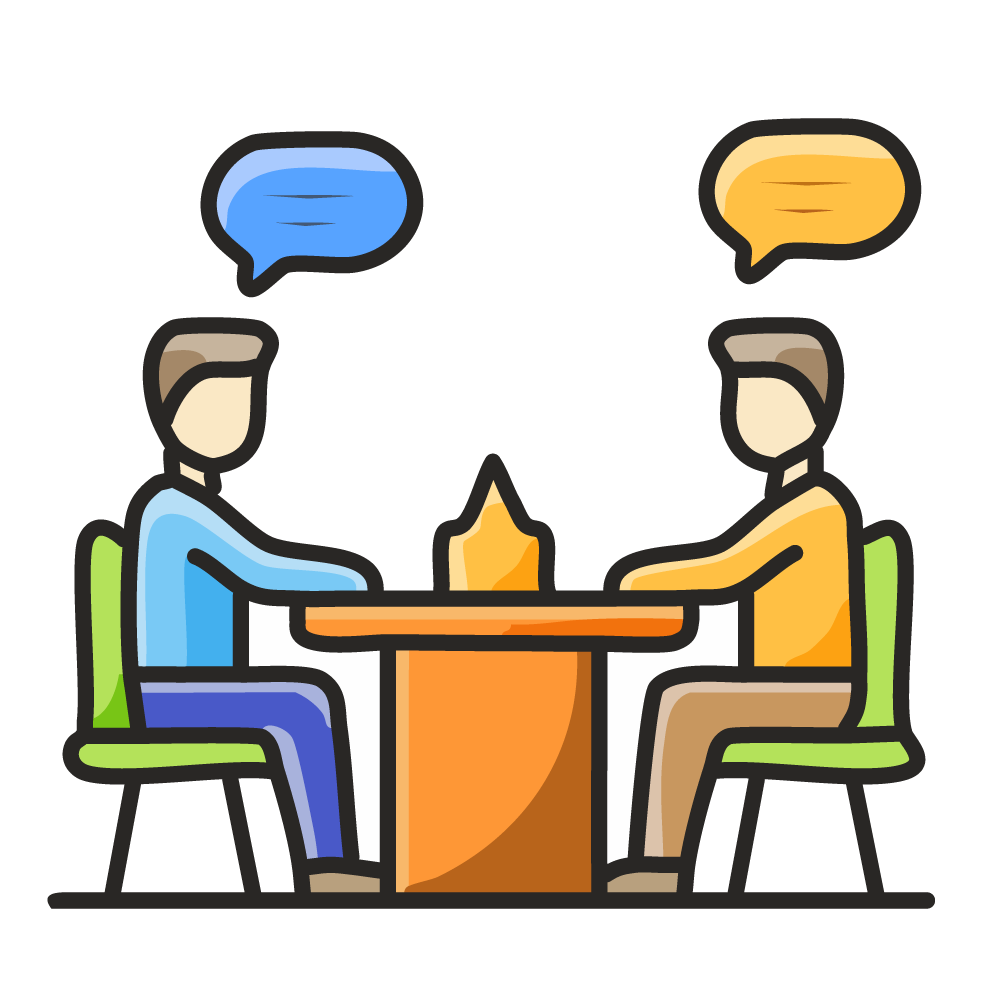 An illustration of two people having a conversation across a table. Represents communication and dialogue.