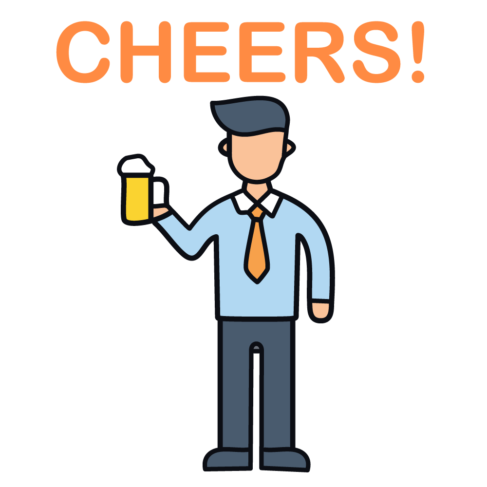 An illustration of a business person raising a beer mug and shouting CHEERS!. It represents a toast or celebration.