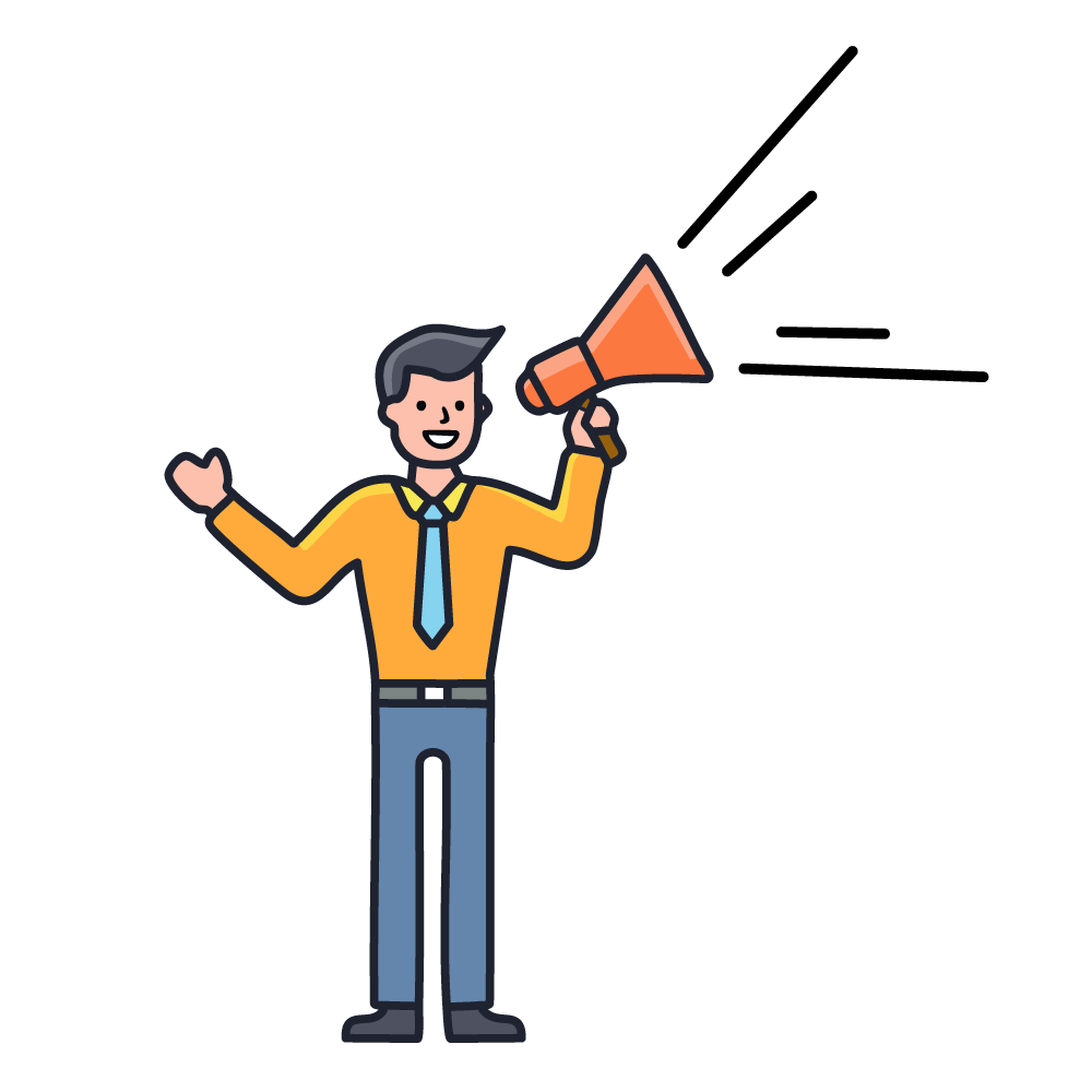 An illustration of a business person making an appeal with a loudspeaker. It represents information dissemination and announcements.
