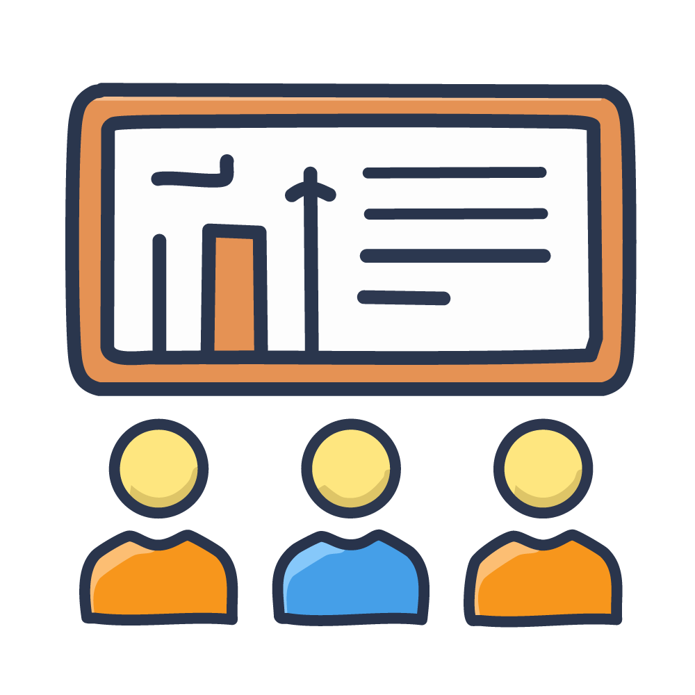 Illustration of a screen and an audience. Represents presentation preparation and a meeting.
