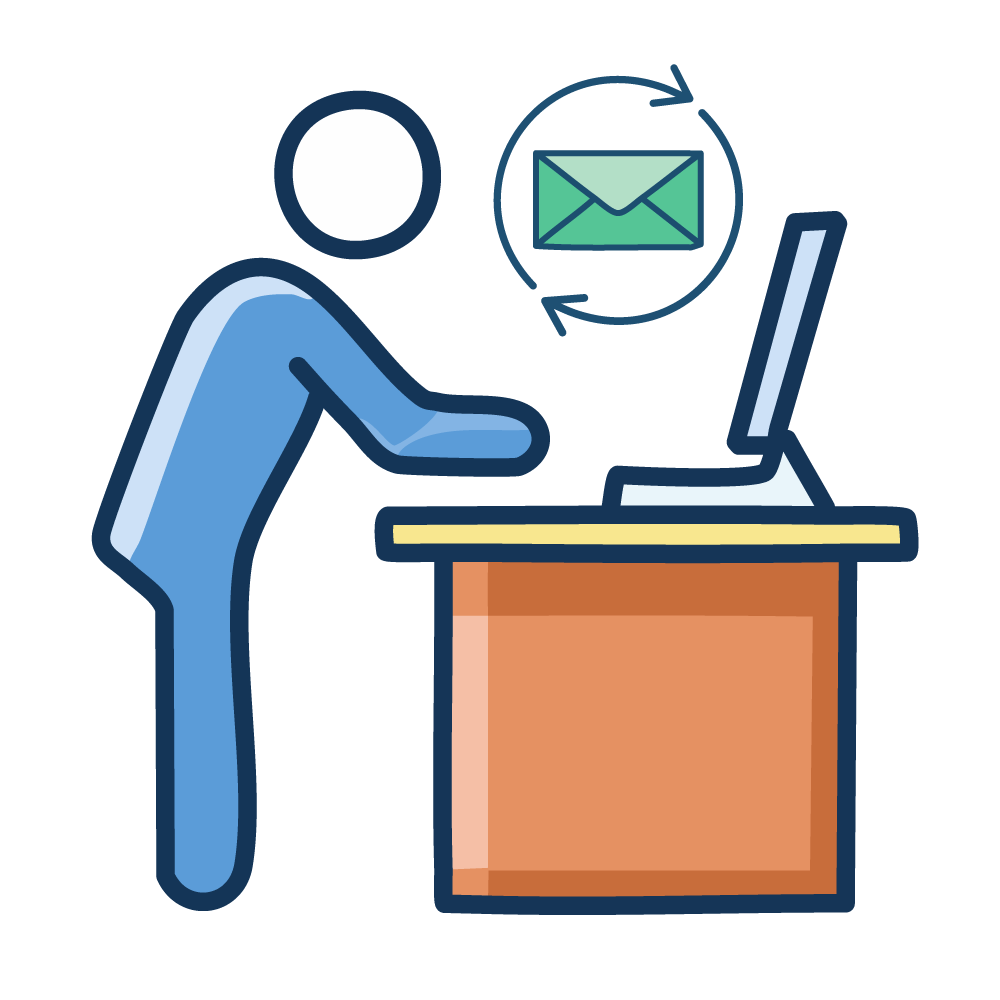 An illustration of a businessperson working at a computer at home. It represents telework and working from home.