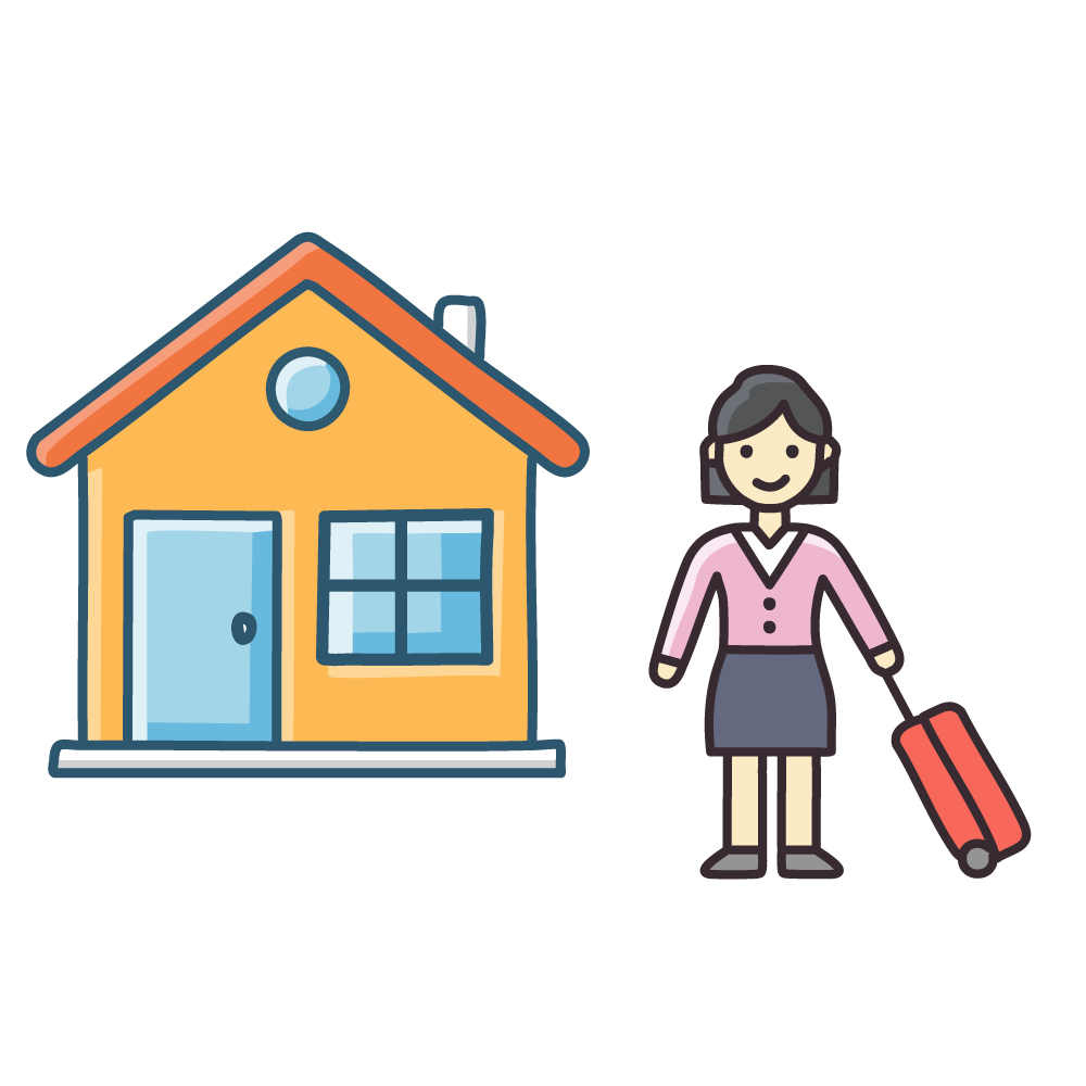 An illustration of a woman holding a suitcase in front of a house. Represents relocation or moving house.