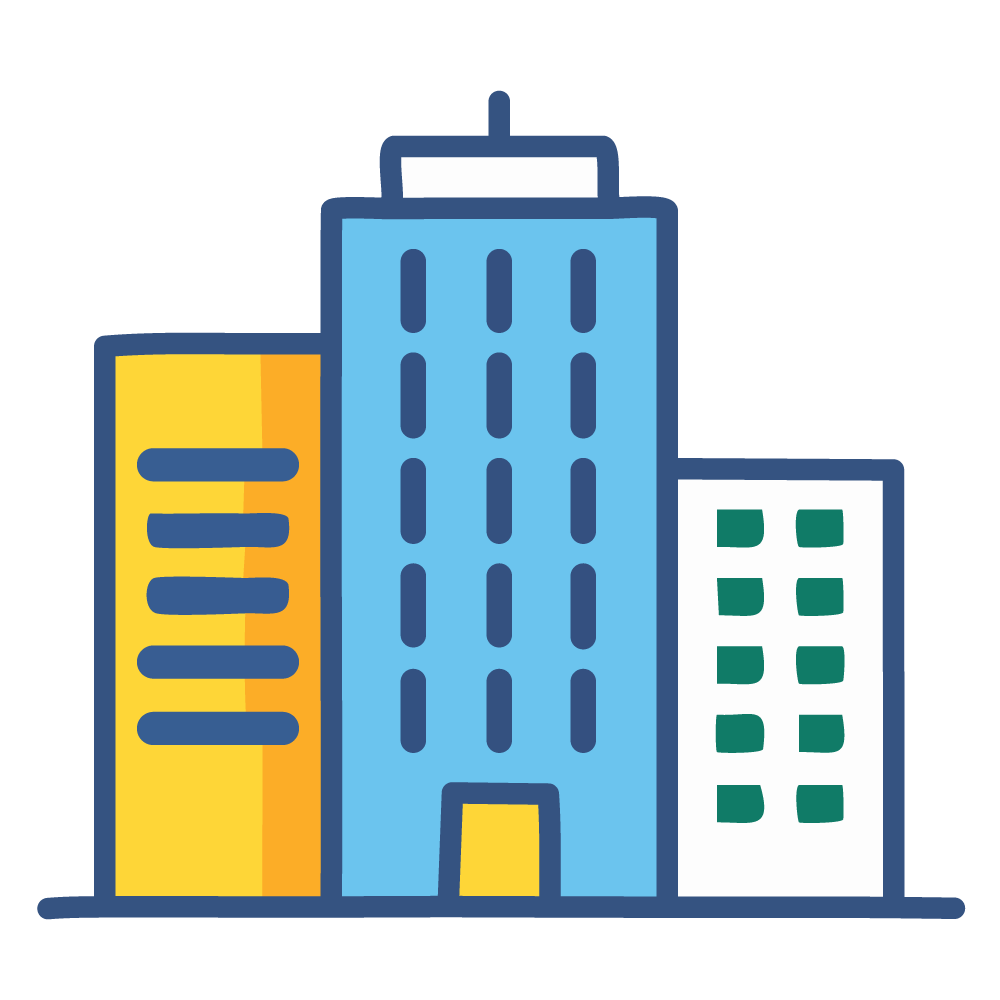 An illustration of multiple office buildings lined up. Represents a company or company.