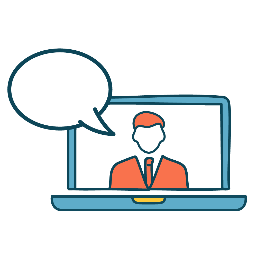 An illustration of people talking through a laptop screen. Represents online meetings and remote communication.