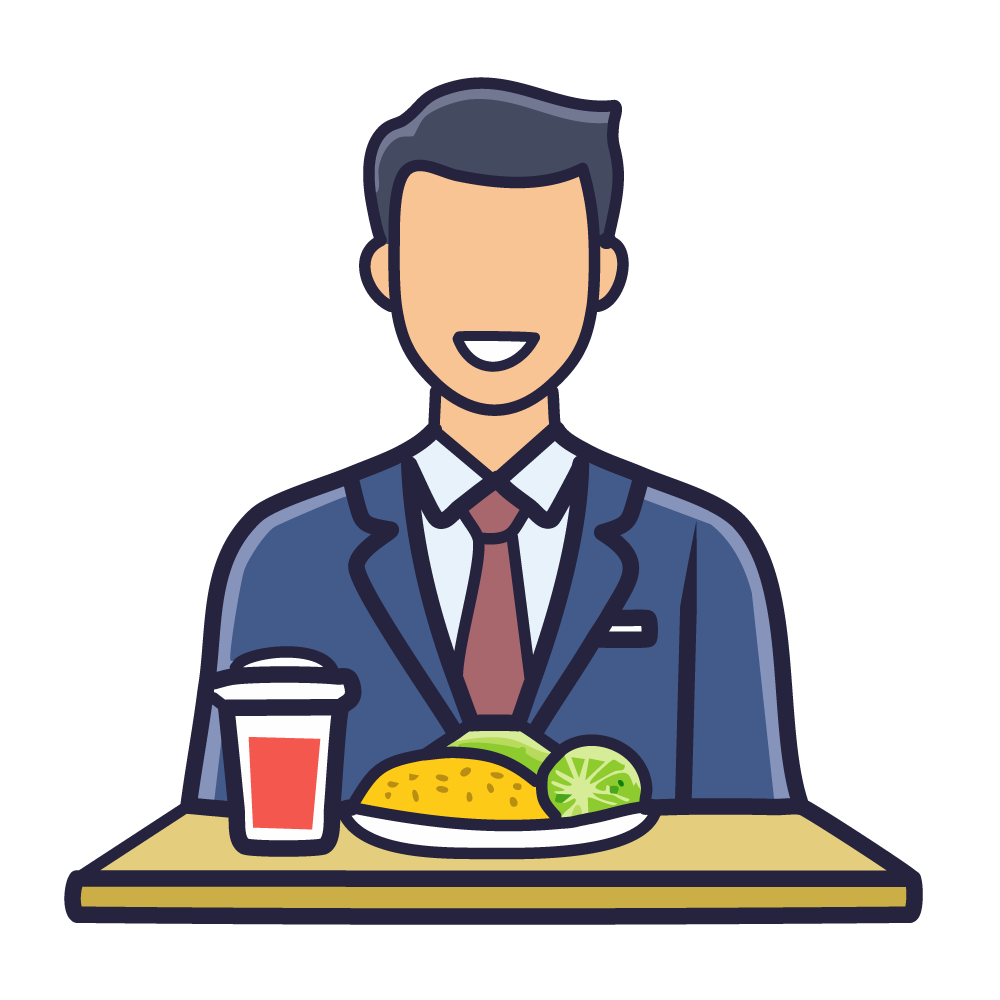 An illustration of a business person eating at a desk. Represents office work and break time.