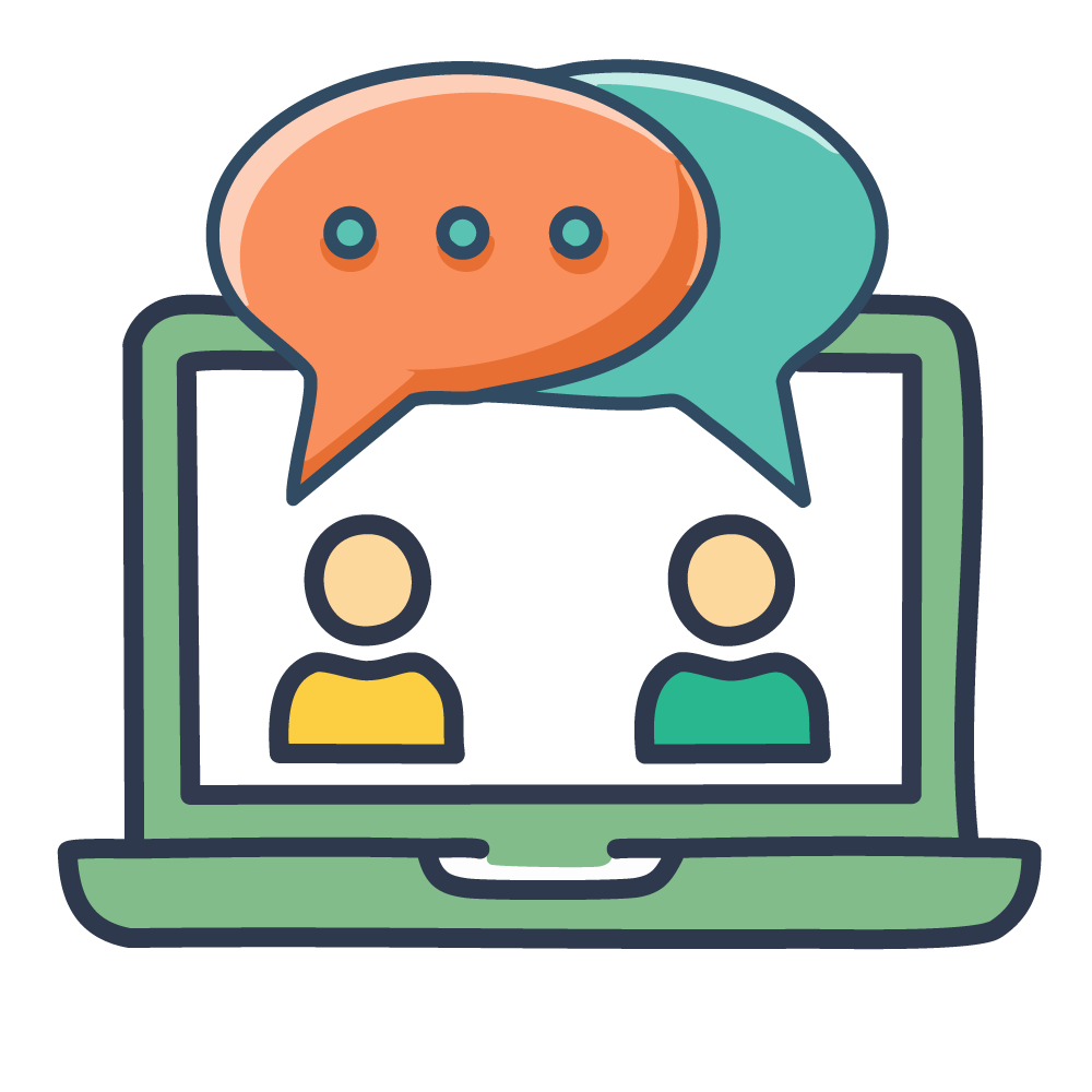 An illustration of multiple people talking through a laptop screen. Represents online communication and web conferences.