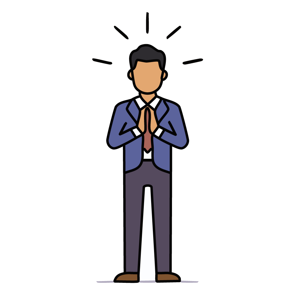 An illustration of a business person praying with hands together. Represents a request or request.