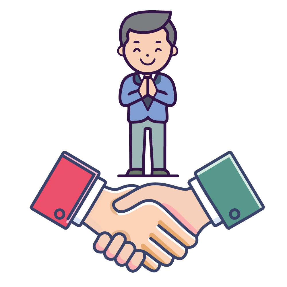 An illustration of hands shaking hands at the feet of a businessperson. Represents contract conclusion and cooperation.