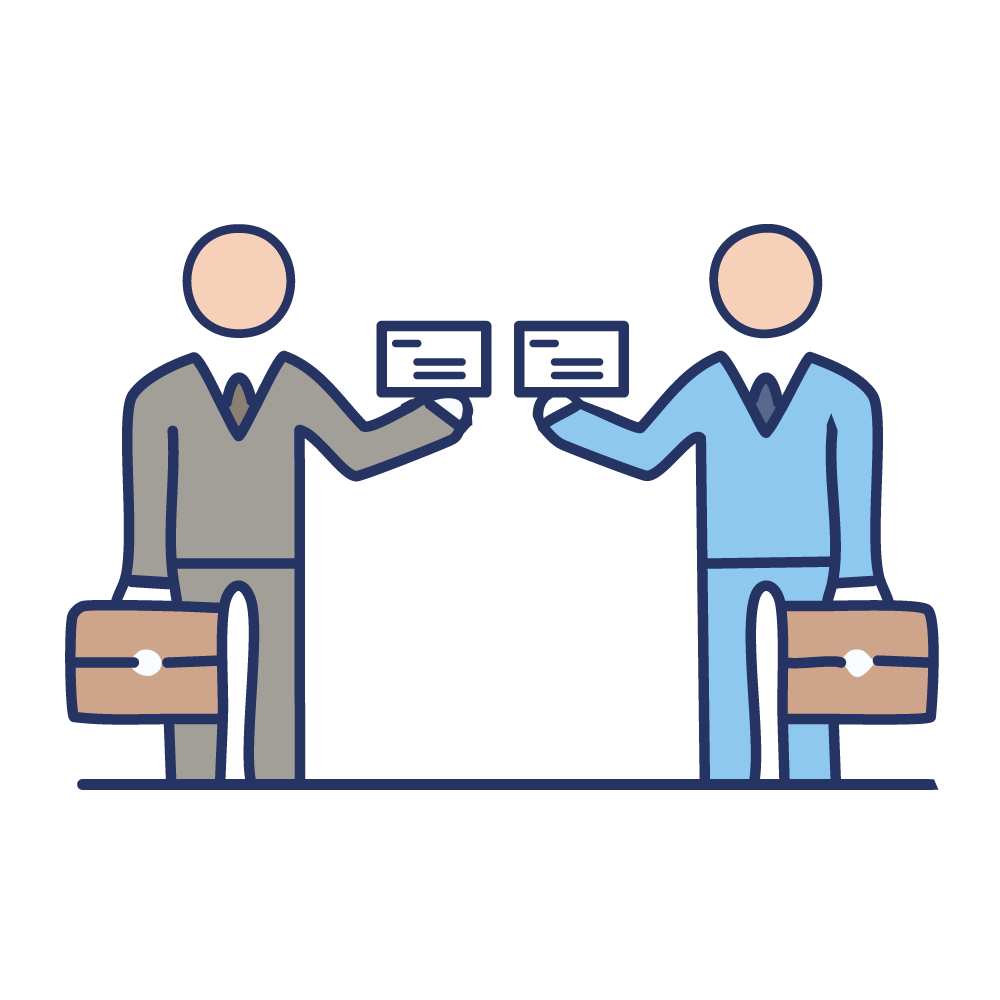 An illustration of two business people exchanging documents. Represents the conclusion of a contract or the completion of a transaction.