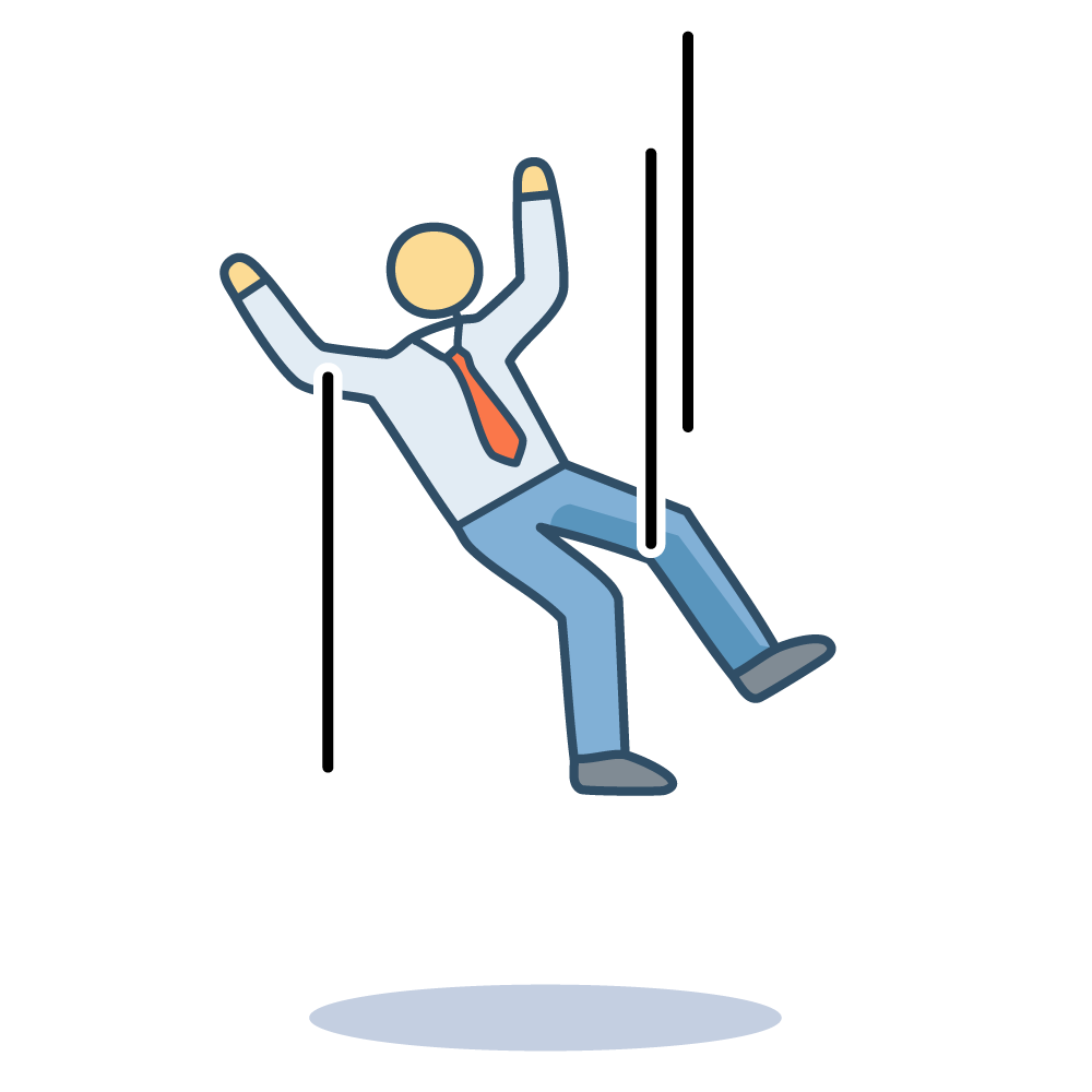 An illustration of a businessman about to fall off a rope. It represents difficulties and setbacks.