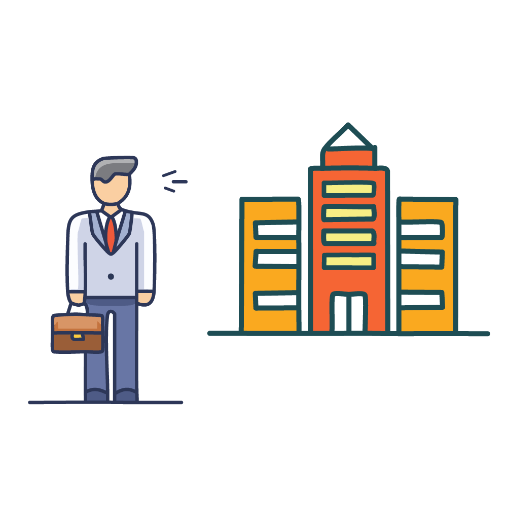 An illustration of a business person heading to a new building with a suitcase. It represents a transfer or moving away from home.