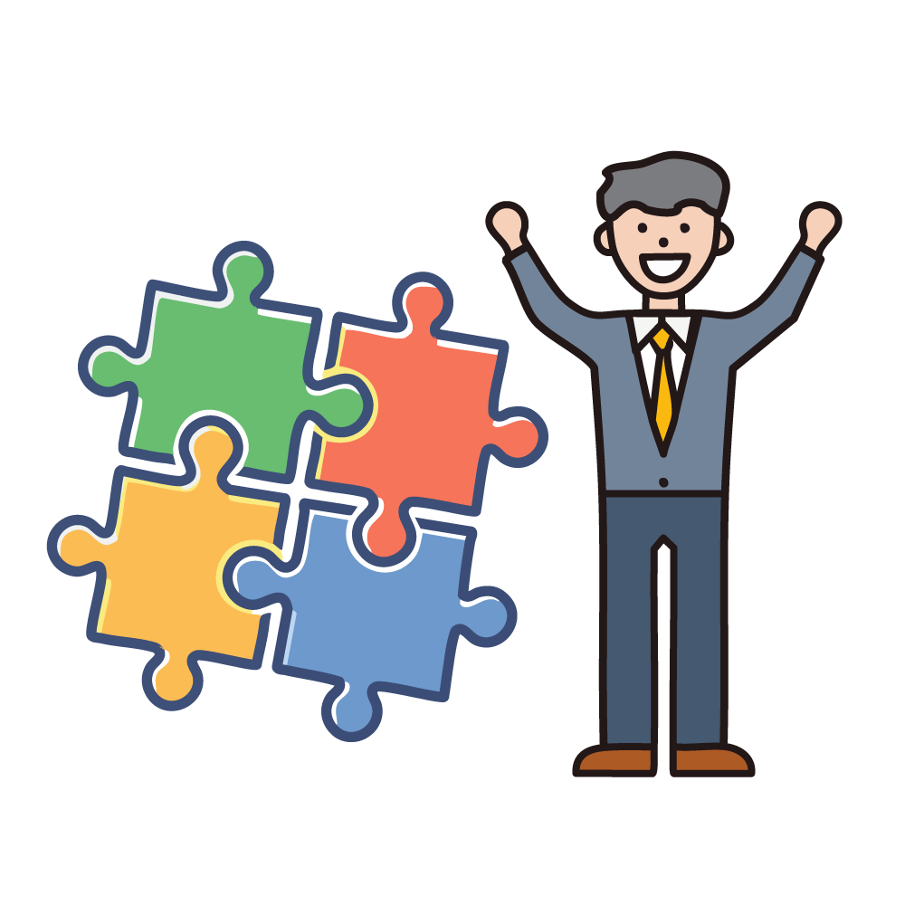パズルのピースを組み合わせるビジネスパーソンのイラスト。チームワークや問題解決を表す。