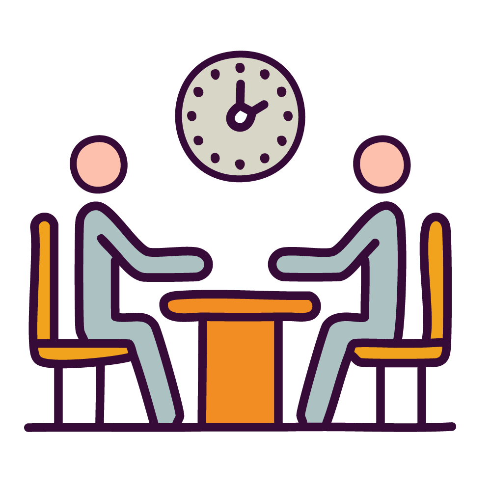 時計のある会議室でテーブルを囲んで話し合う人々のイラスト。会議や打ち合わせを表す。