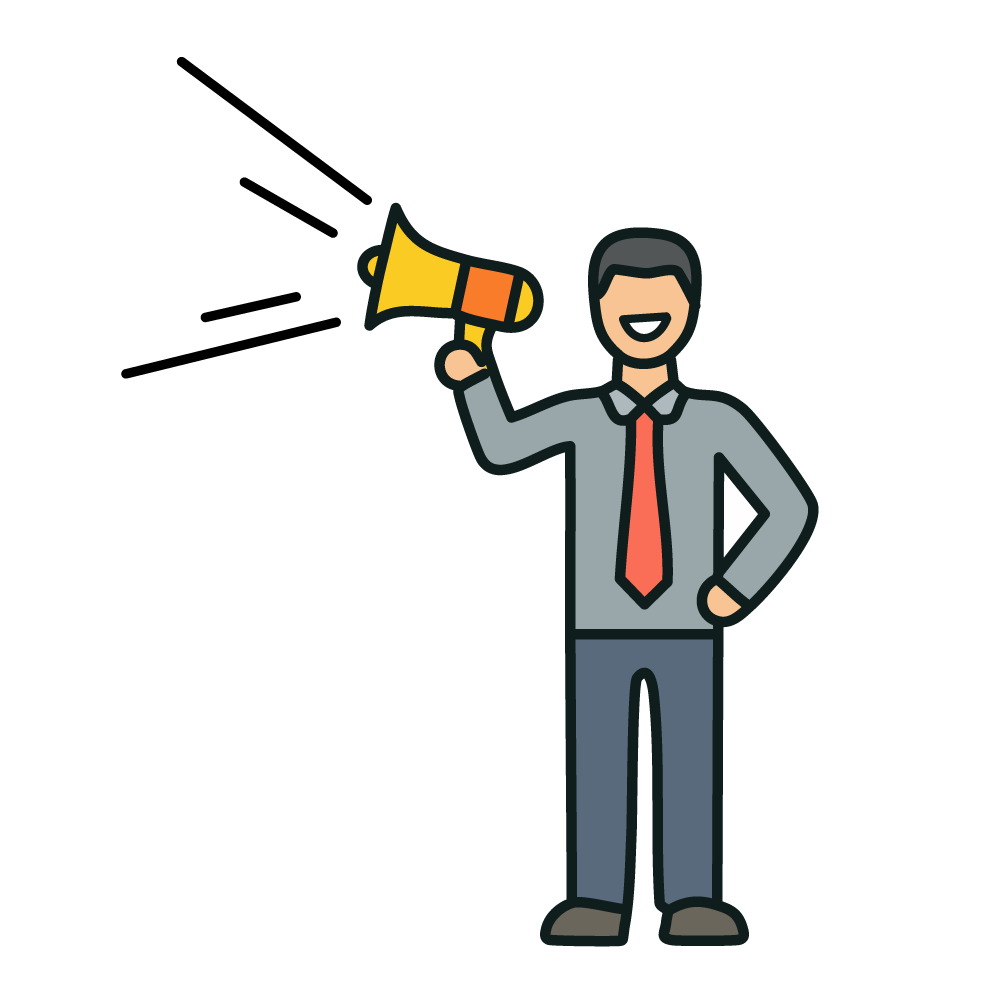 拡声器で指示を出すビジネスパーソンのイラスト。リーダーシップや情報伝達を表す。