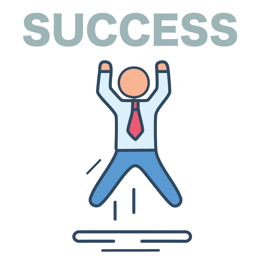 両手を上げて飛び跳ねるビジネスパーソンと「SUCCESS」の文字のイラスト。成功や達成を表す。