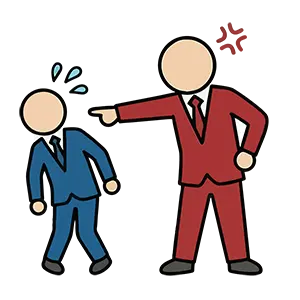 怒っている赤いスーツの上司に指をさされ、萎縮して冷や汗をかいている部下のイラスト