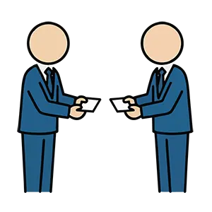 スーツを着た二人の男性が向き合い、丁寧に名刺交換をして挨拶しているイラスト