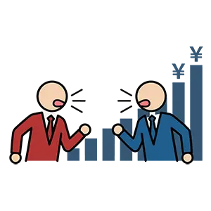 上昇する棒グラフを背景に、業績や価格について熱く議論する二人のビジネスマンのイラスト
