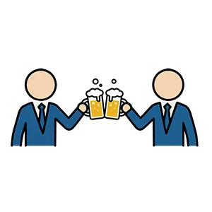 スーツ姿の二人の男性が、ビールジョッキを合わせて楽しそうに乾杯しているイラスト