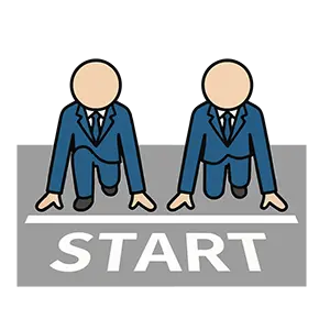 スタートラインにつき、クラウチングスタートの姿勢で競争に備える二人の男性のイラスト