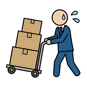 台車に積んだ複数の段ボール箱を、汗を流しながら運んでいる男性のイラスト