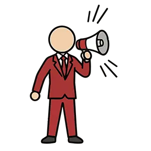 赤いスーツを着てメガホンで大声で呼びかけや宣伝をしている男性のイラスト