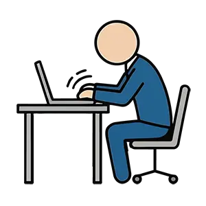 机に向かい、集中して素早くノートパソコンでタイピング作業をする男性のイラスト