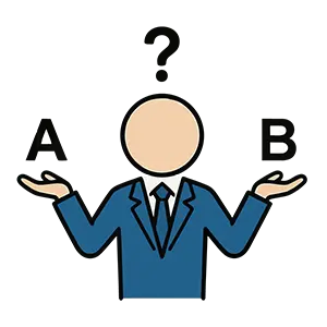 両手にAとBの選択肢を持ち、どちらを選ぶか迷って比較検討している男性のイラスト