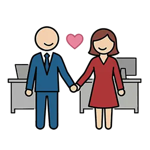 オフィス内で手をつなぎ、ハートマークを浮かべている社内恋愛中の男女のイラスト
