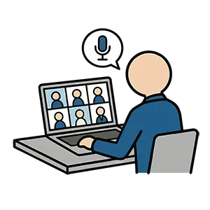 ノートパソコンを使って複数人とビデオ通話やWeb会議をしている男性のイラスト