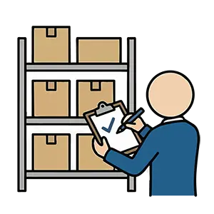 倉庫の棚の前でクリップボードを持ち、在庫チェックや検品を行う作業員のイラスト