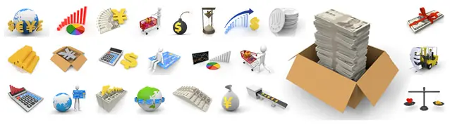 段ボールいっぱいの札束を中心に、地球と通貨記号、上昇グラフ、金塊、電卓、買い物カート、天秤など、ビジネスの利益や経済活動を網羅した3Dイラストセット。金融記事や資料に最適な商用利用OKのフリー素材。