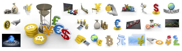 砂時計と各国の通貨記号を中心に、ビットコイン、為替チャート、小銭を掴む手、金塊と電卓、貯金箱など、投資や資産運用、FXの変動を表現した3Dイラストセット。金融関連のメディアで使える商用無料のフリー素材。