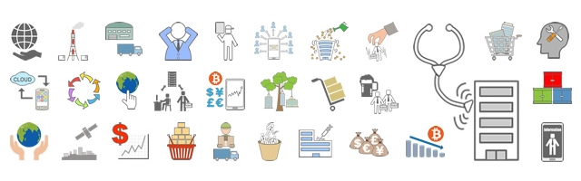 企業の経営診断をイメージした聴診器とビルを中心に、物流、世界経済、金融、環境、配送、ビットコインなど、幅広いビジネスシーンに対応した無料アイコン素材セットです。